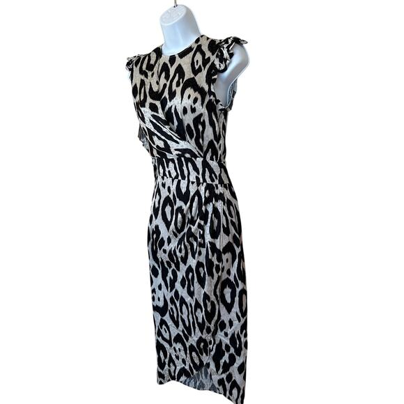 Ronny Kobo Zebra Print Ruched Silk Midi Dress Black White XS Work Designer $548 - Picture 3 of 6